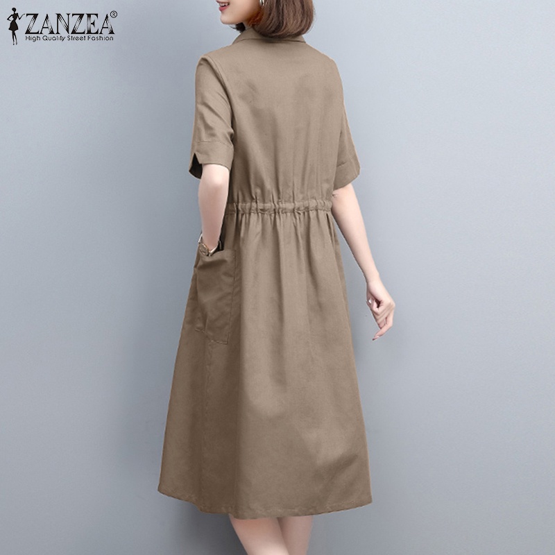 Đầm midi Zanzea tay ngắn cổ chữ v rút dây thời trang cho nữ