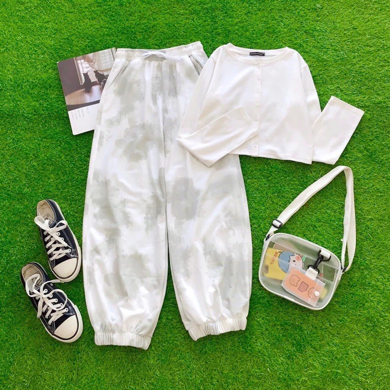 Set áo croptop nút tay dài + quần loang màu / set croptop nút + jogger pant tiedye / set thể thao quần bom