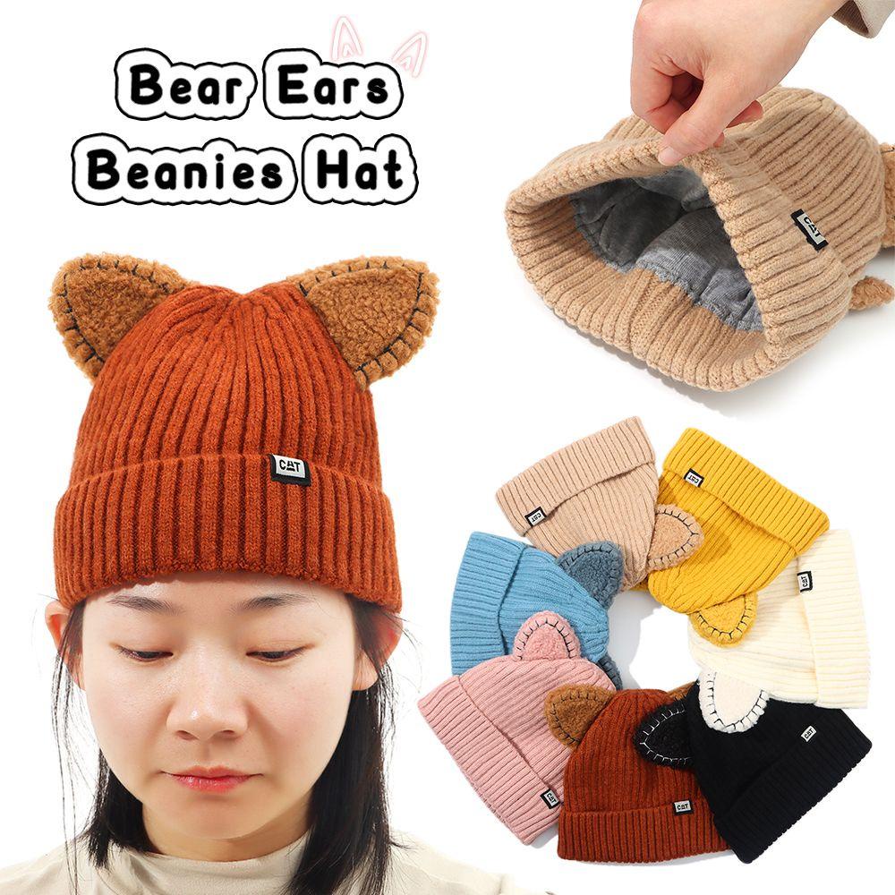 Mũ Beanie Đính Tai Gấu Co Giãn Màu Trơn Giữ Ấm Mùa Đông Cho Nữ