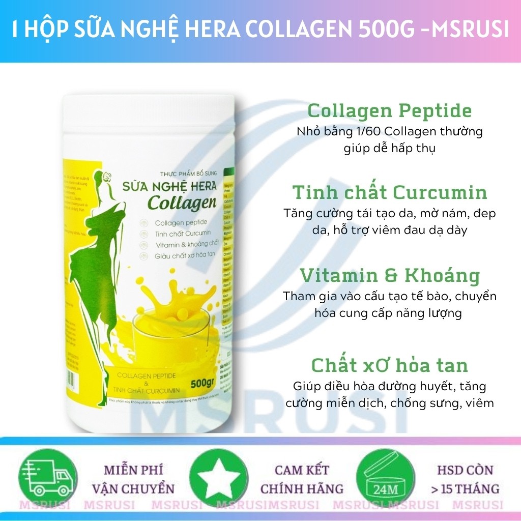 Hỗ trợ Làm đẹp da Sữa nghệ Hera Collagen Hera Milk Hỗ trợ viêm đau dạ dày tá tràng Hộp 500g uống được 25 - 30 ngày