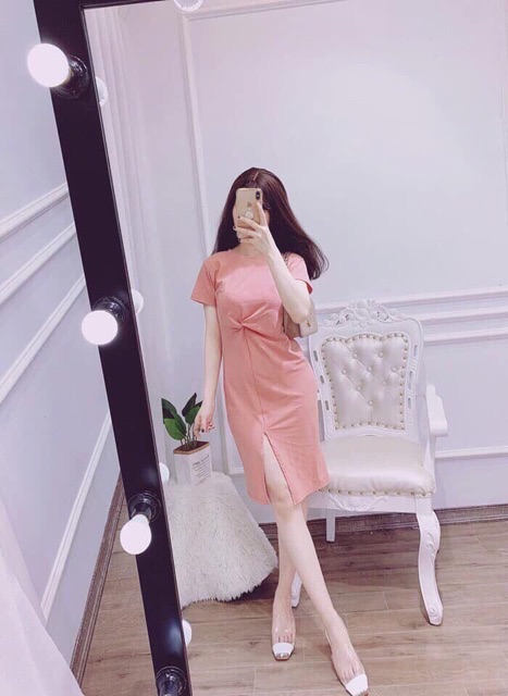 Đầm suông-váy xoắn eo cổ tròn dáng suông xẻ đùi chất cotton mát | BigBuy360 - bigbuy360.vn