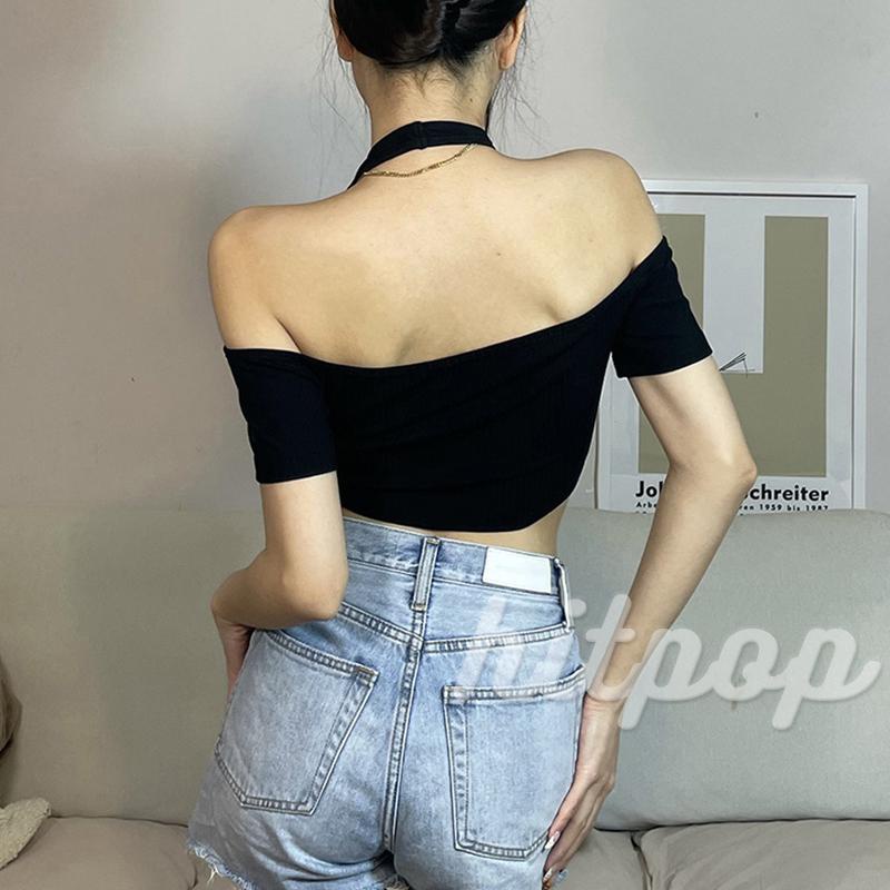 Hitpop-Women Casual Crop Tops, Short Sleeve Solid Color Backless Button Slim-Fit Halter Tops