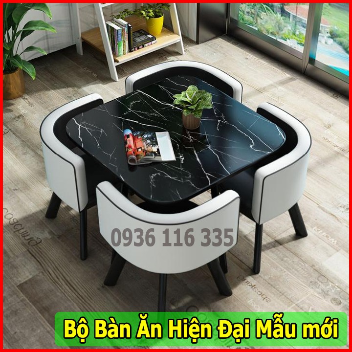 Bàn Ăn mẫu mới, Bộ bàn ghế ăn sang trọng mặt bàn gỗ giả đá cẩm thạch ghế da