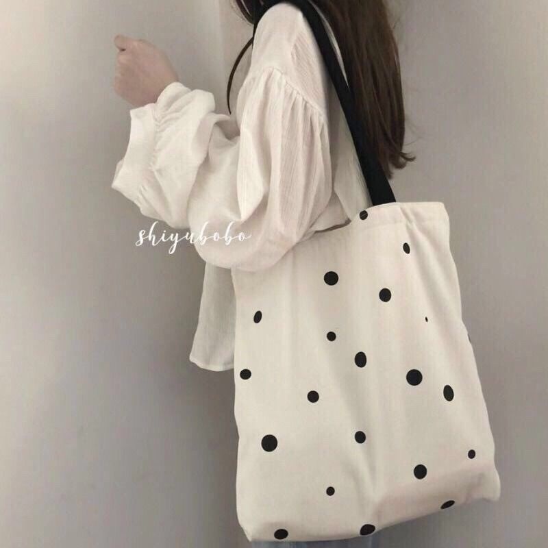 Túi Xách Tay Bằng Vải canvas Hoa Văn Chấm Bi Dễ Thương Dễ Phối Đồ Dành Cho Nữ