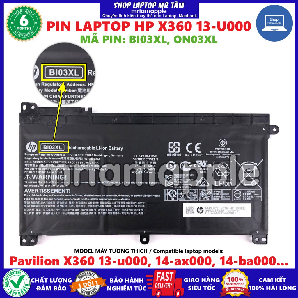Pin Laptop HP X360 13-U000 BI03XL (ZIN) - 3 CELL - HP Pavilion Pavilion X360 13-U000, Stream 14-AX000, Stream 14-CB000