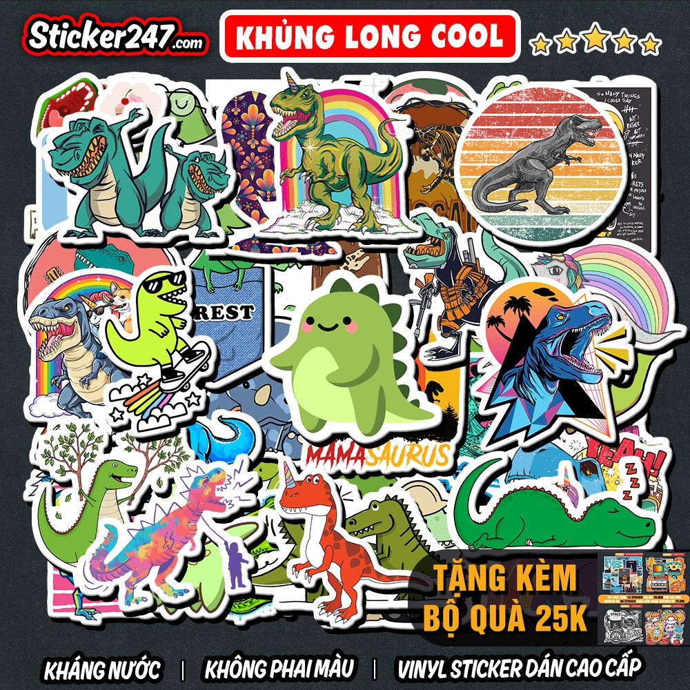 Sticker Khủng Long Cute, Cool ngầu 𝑭𝒓𝒆𝒆𝒔𝒉𝒊𝒑 chống nước dán laptop, điện thoại, guitar, dán mũ bảo hiểm, vali...