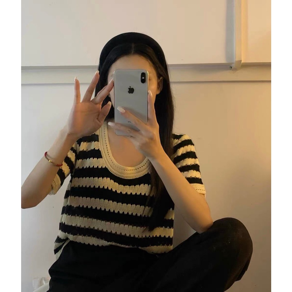 Áo Ngắn Tay Mongtoghi Len Kẻ Lưới Phong Cách Ulzzang Hàn Quốc Hottrend