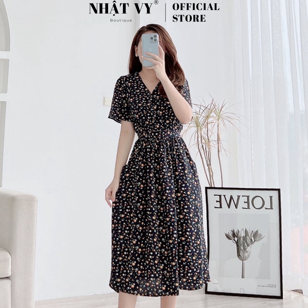 Đầm hoa công sở Nhật Vy tay loa cổ V nhún eo có túi chất mango dáng xoè phù hợp đi chơi dạo phố snag chảnh - D2524