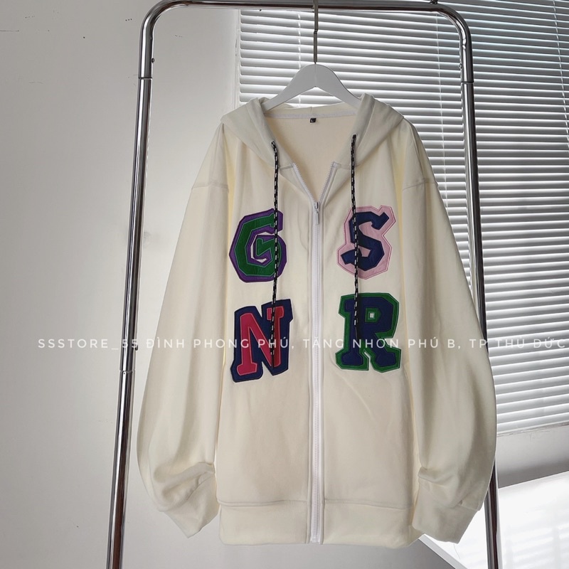 Áo Khoác nỉ zip thêu chữ GSNR 2 màu form rộng unisex nam nữ