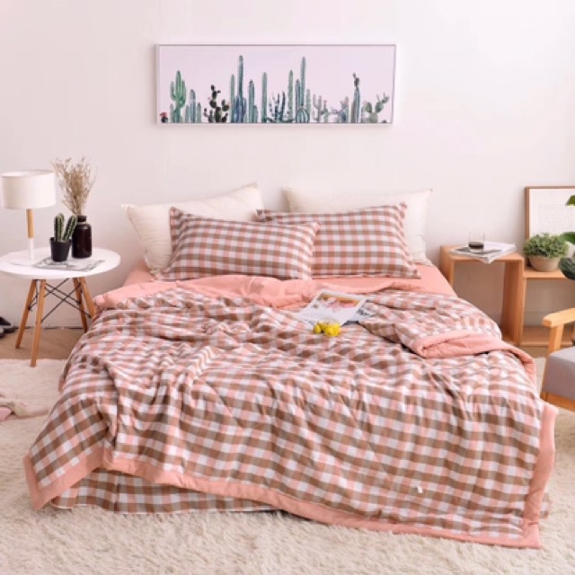 Bộ Chăn Ga Gối Cotton Đũi Kẻ HIN BEDDING Mềm Mịn Thấm Hút Mồ Hôi, Chăn Ga Gối Cotton Cao Cấp