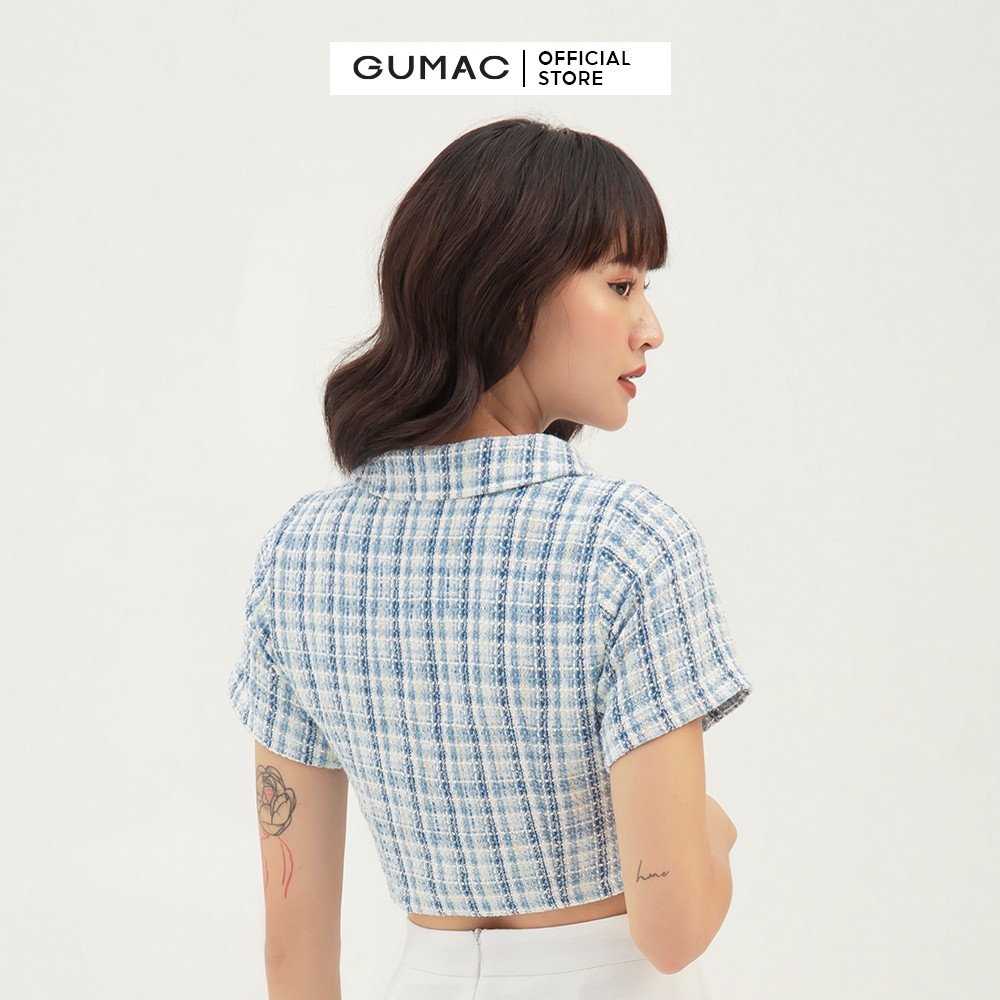 Áo sơ mi croptop họa tiết caro GUMAC màu xanh, đủ size, phong cách năng động, trẻ trung AB334 | BigBuy360 - bigbuy360.vn