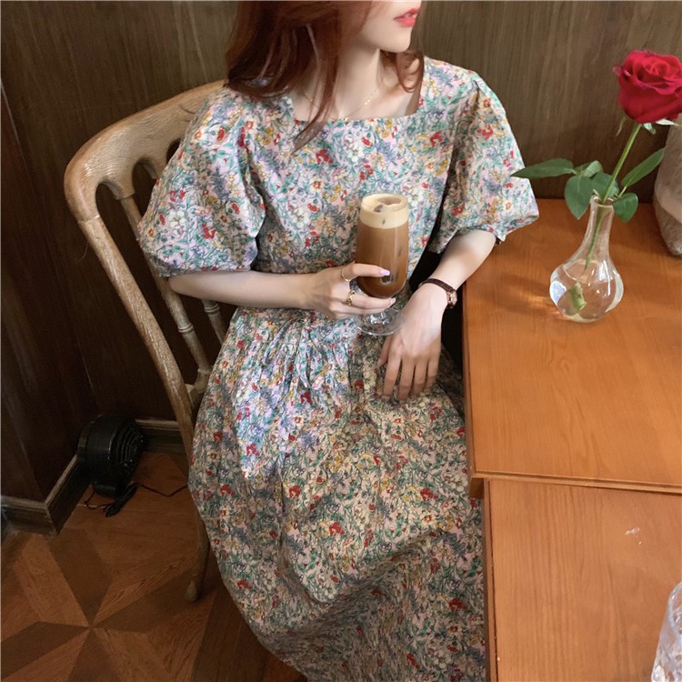 Váy dáng dài Váy suông Váy maxi nữ Hàn Quốc sang trọng retro cổ điển Pháp toàn màn hình hoa tay áo dài giảm