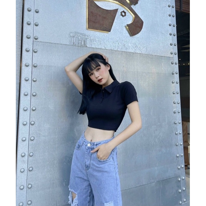 Áo croptop cổ polo nhiều màu thời trang Callene (L1970)