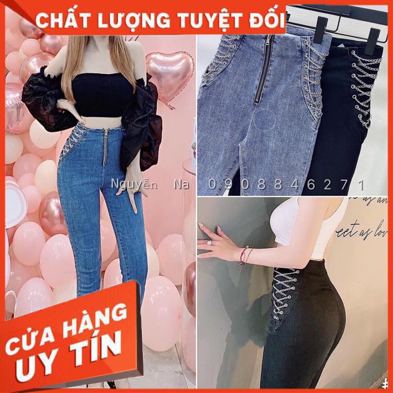 Quần jeans ôm cạp siêu cao phối xích sexy