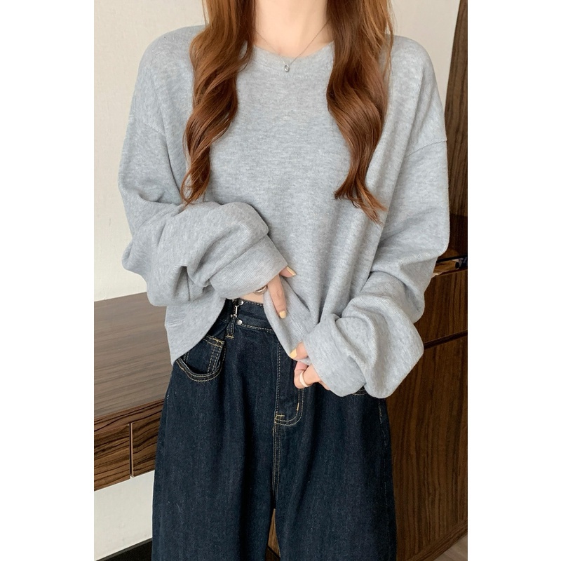 Áo nỉ nữ SUXI dài tay cổ tròn dáng rộng phong cách Hàn Quốc thời trang