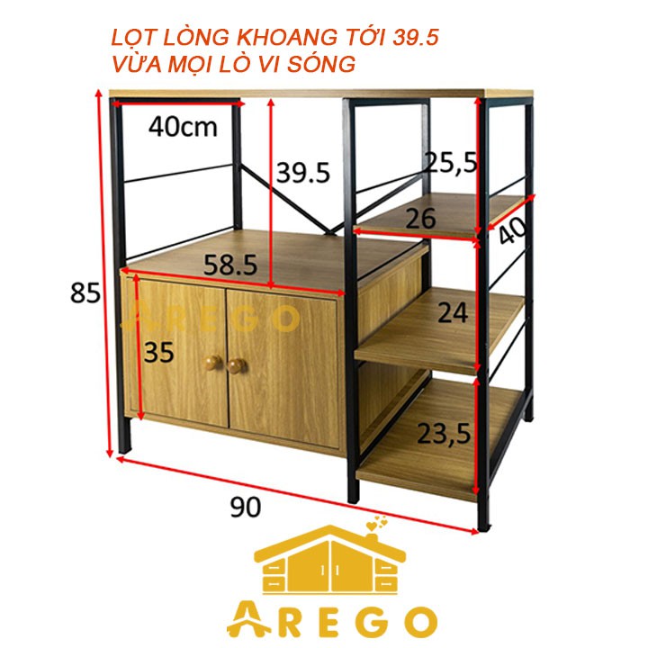 Kệ Lò Vi Sóng, Kệ Nhà Bếp AREGO -  Hàng cao cấp gia công kĩ nặng 35kg - MDF dày dặn, khung sắt sơn tĩnh điện