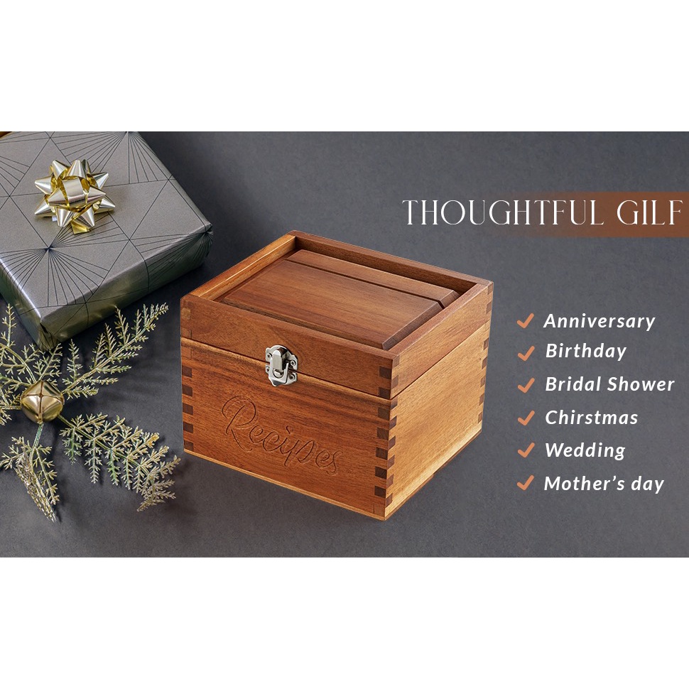 Hộp gỗ decor khắc chữ Recipes, đựng công thức nấu ăn, card, đồ dùng nhà bếp