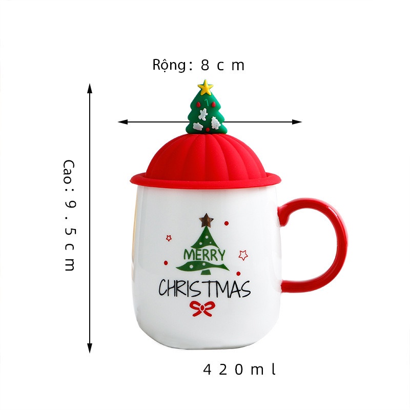 (Hàng Đẹp + Sẳn) Ly Gốm Sứ Merry Christmas, Xmas Kèm thìa nắp 420ML