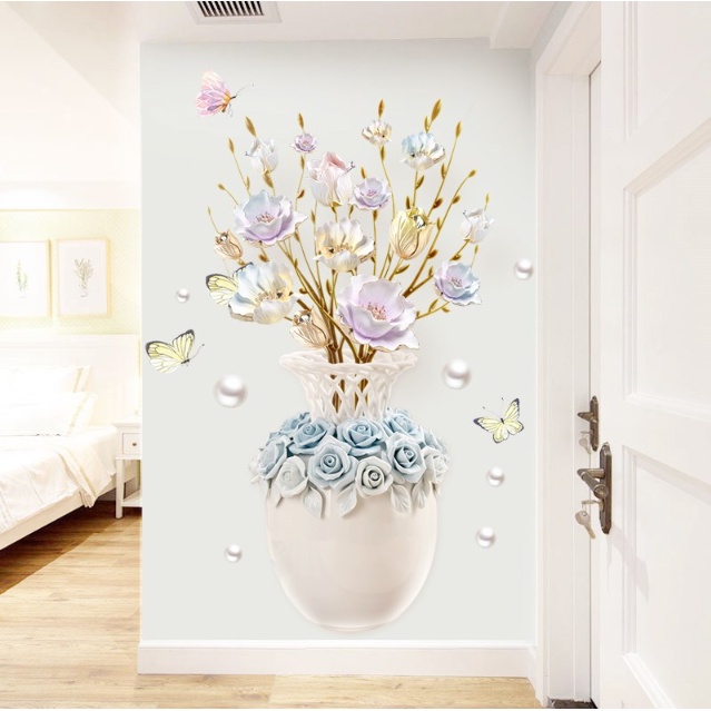 Decal giấy dán tường - bình Hoa mẫu đơn 3D sang trọng cho nhà