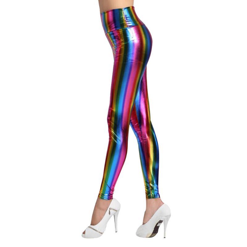 Quần Legging Giả Da Lưng Cao Họa Tiết Sọc Cầu Vồng Hologram Dành Cho Nữ