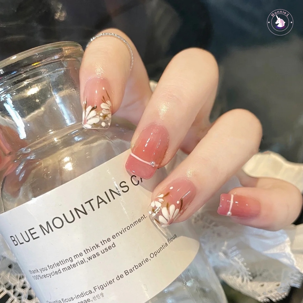 Bộ 24 Móng Tay Giả Họa Tiết Hoa Màu Hồng Gradient Thời Trang