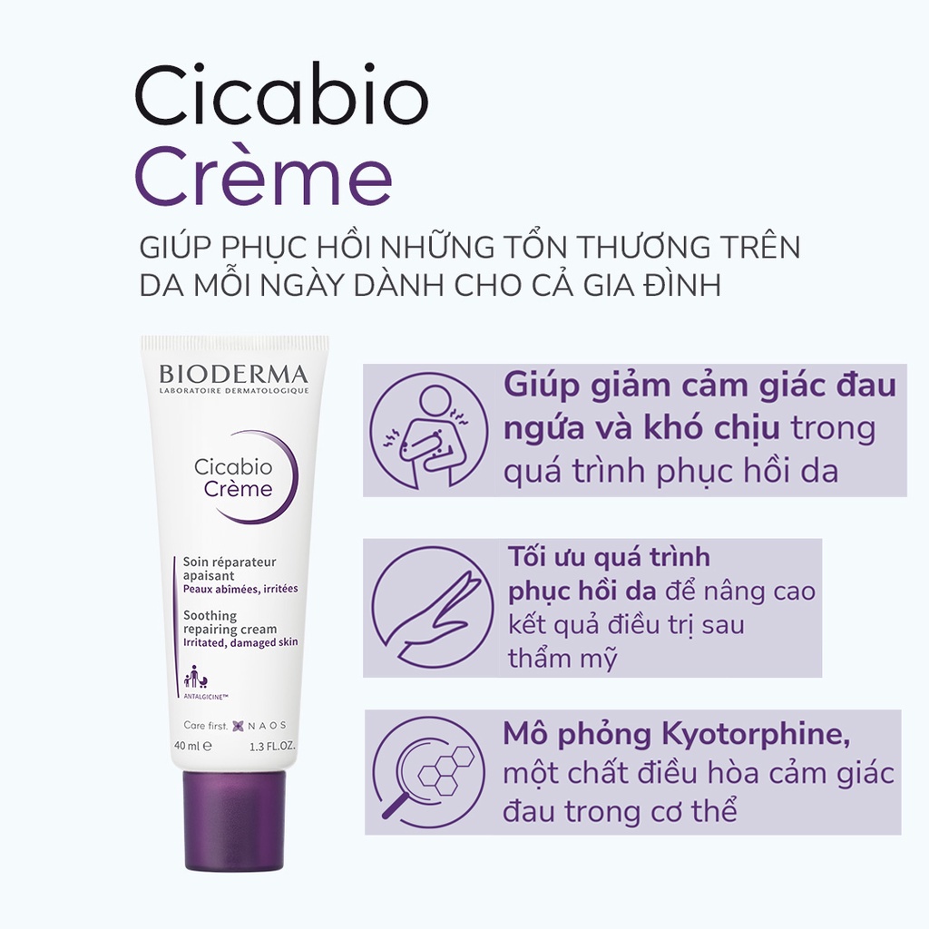 Kem phục hồi da Bioderma cải thiện da tổn thương do mụn, peel, lăn kim  Cicabio Crème 40ml -Ộp Cosmetic