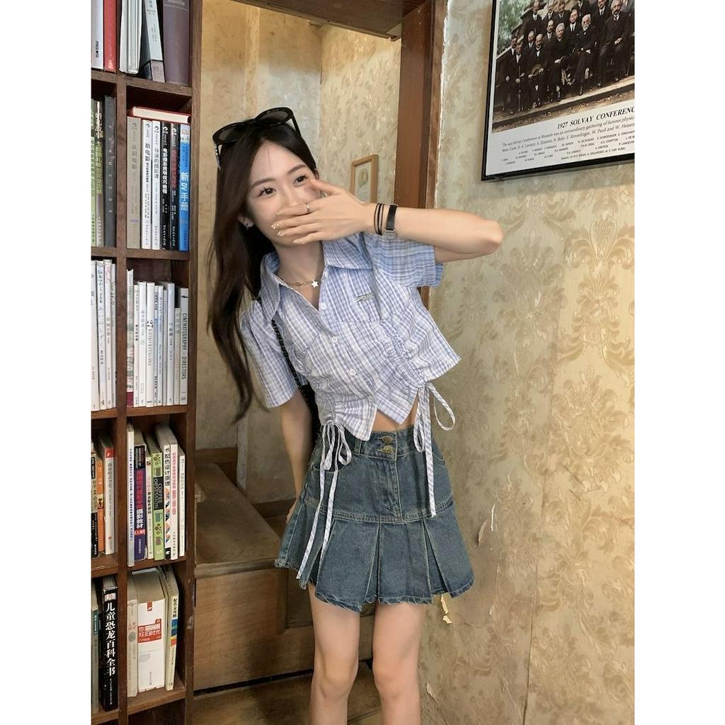 QADCOL Áo Sơ Mi polo Tay Ngắn Kẻ Sọc Xanh Dương Cao Cấp Thời Trang Mùa Hè Dành Cho Nữ