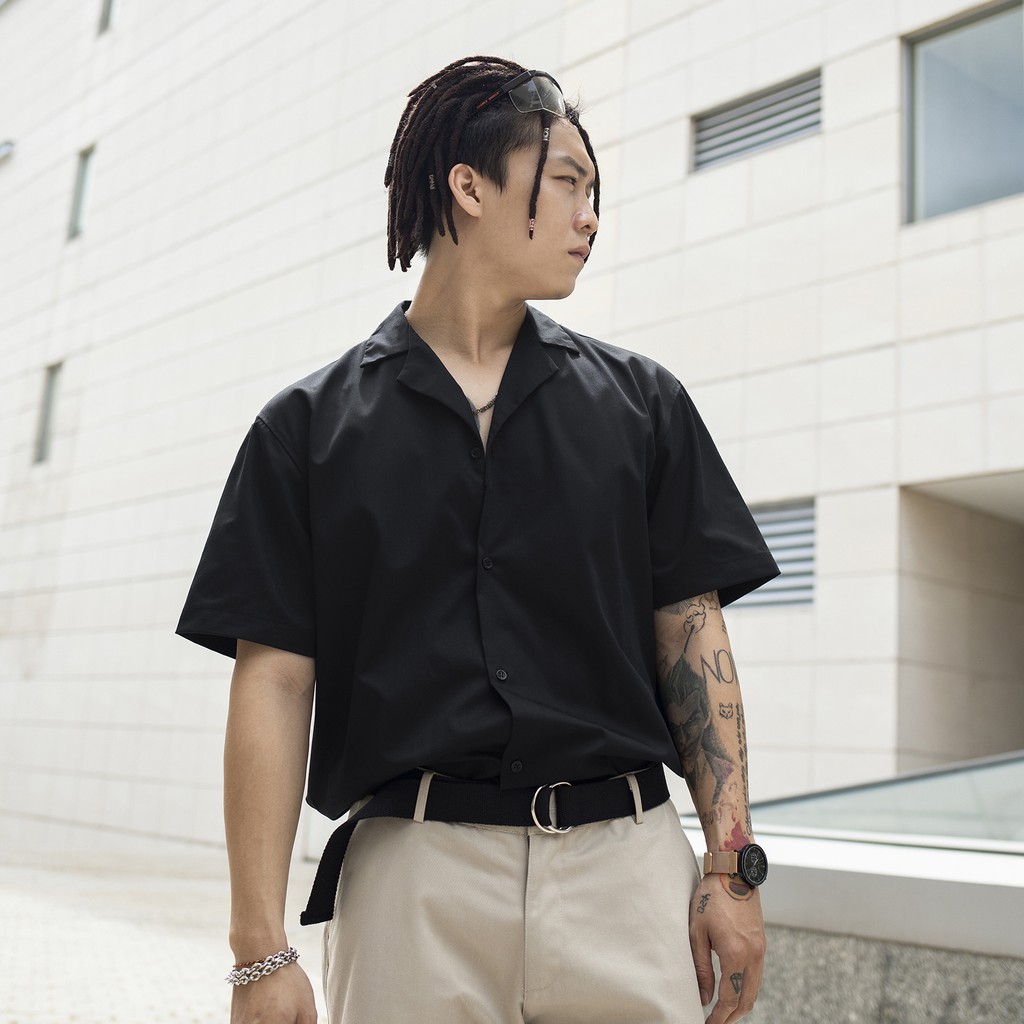 Áo Sơ Mi Revere Collar Tay Ngắn Trơn Màu Đen | BigBuy360 - bigbuy360.vn