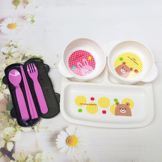 Bộ Đồ Ăn Dặm Cho Bé Gồm Khay Ăn, 2 Bát, Đũa, Dĩa, Thìa Ăn Màu Hồng - Larva Store