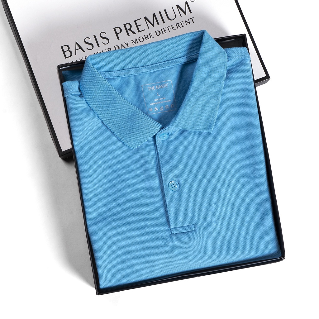 Áo Polo nam Basis màu xanh da trời, trẻ trung, thanh lịch, form regular APL22