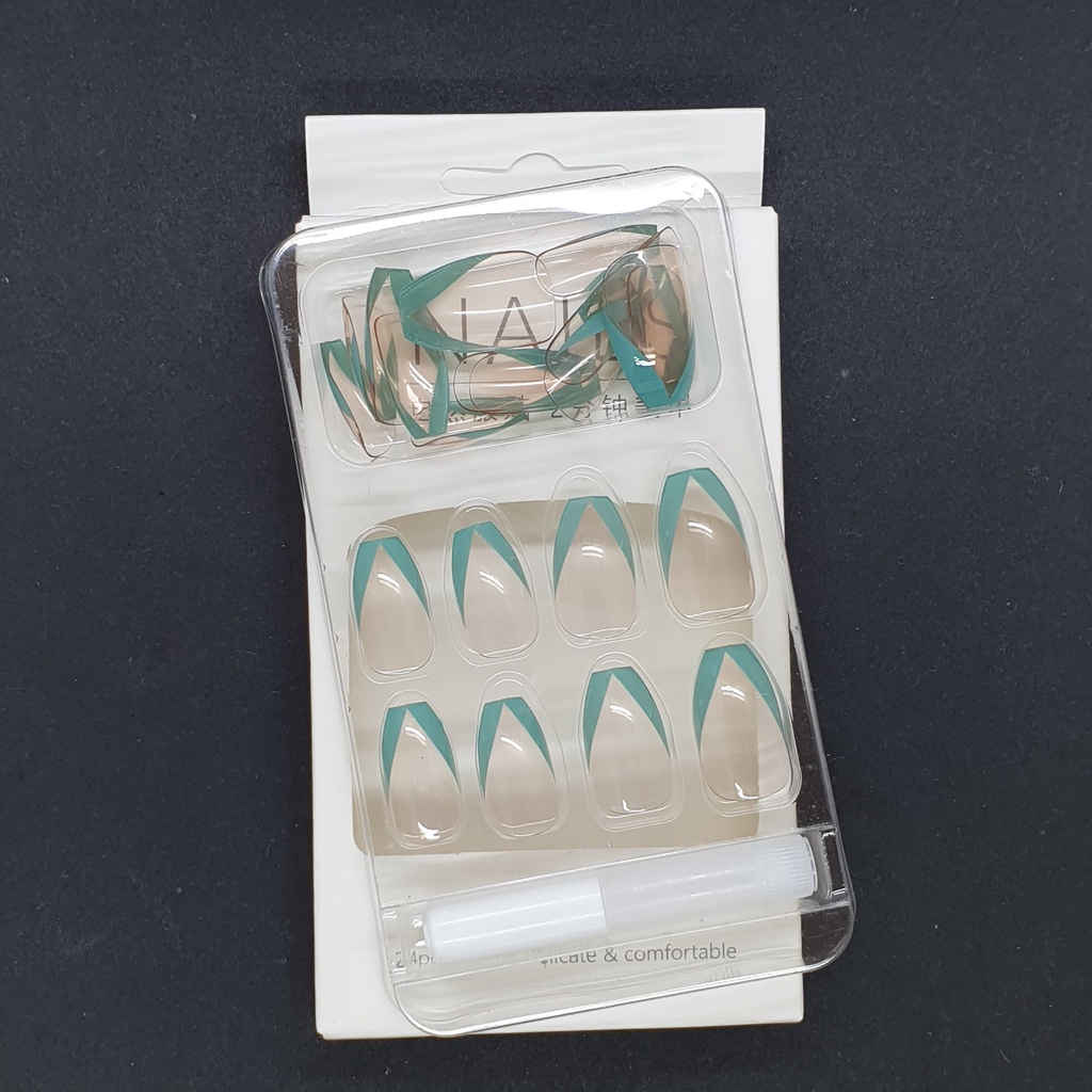 Bộ 24 móng tay giả trong suốt viền xanh dương  SẴN KEO DÁN