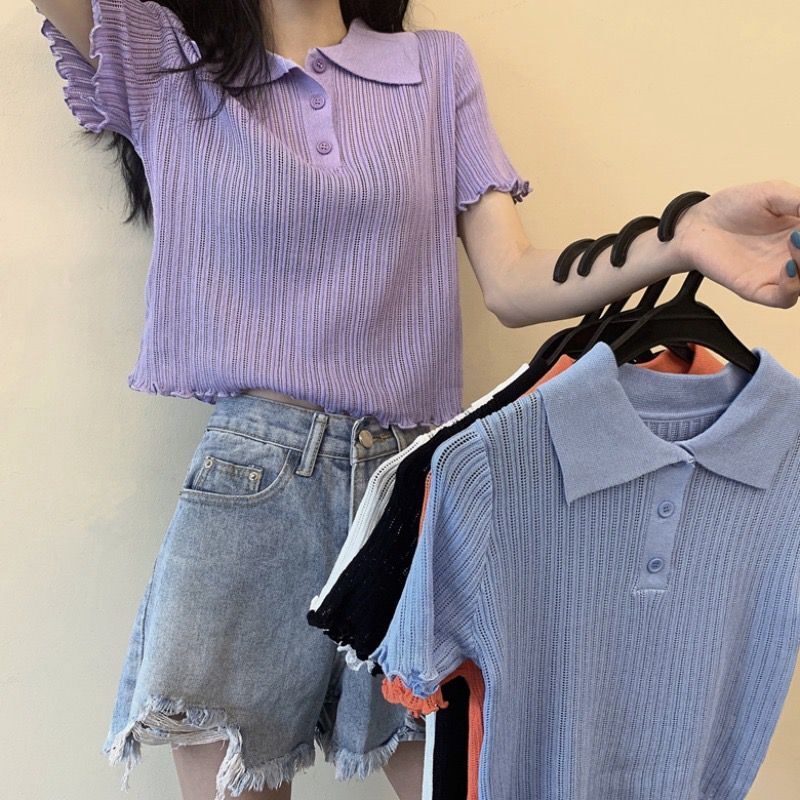 Áo Thun Polo Ngắn Tay Xinh Xắn Theo Phong Cách Retro Hàn Quốc Dành Cho Nữ | BigBuy360 - bigbuy360.vn