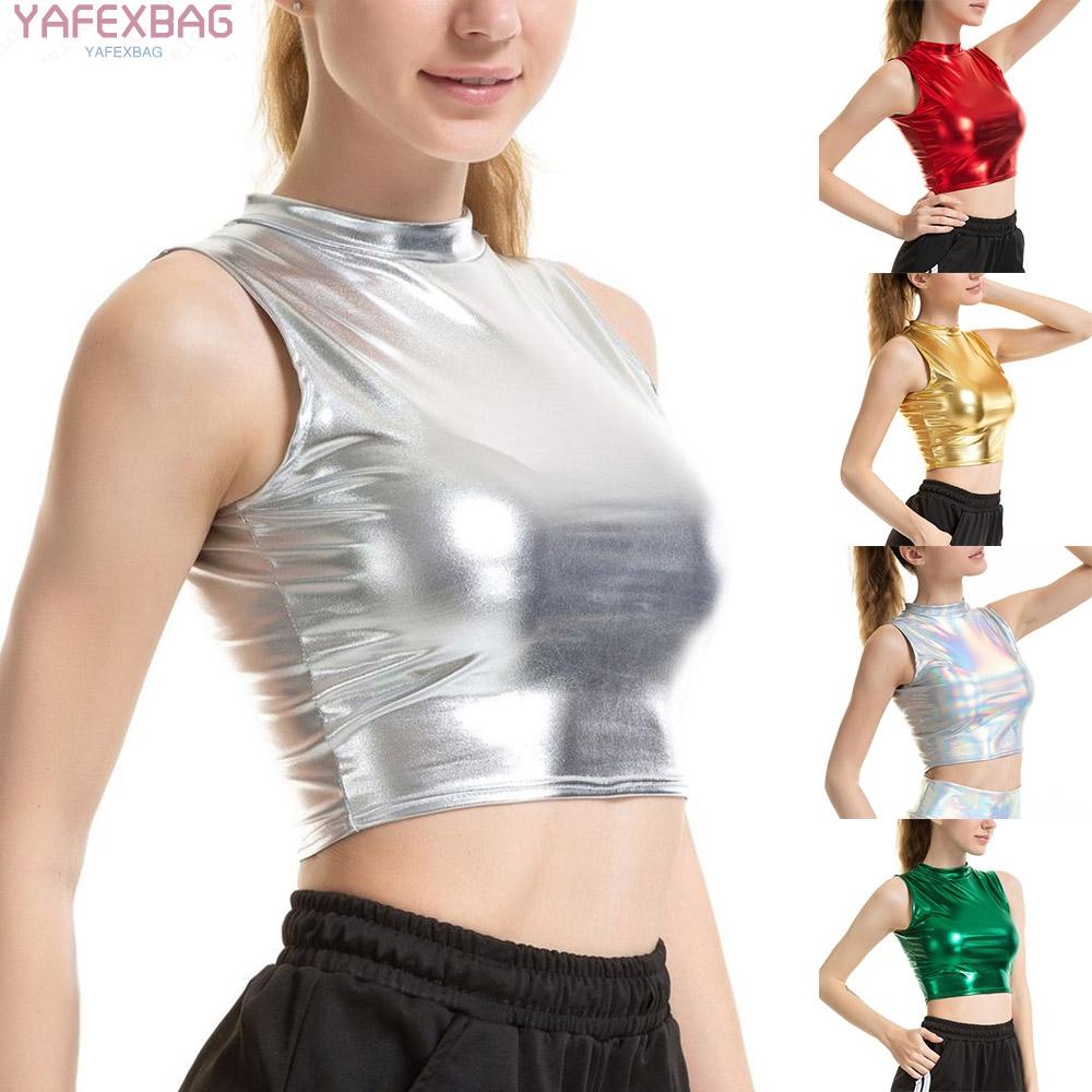 Women Faux Leather Shiny Wetlook Mock Neck Crop Top Vest Tank Top Dance Clubwear