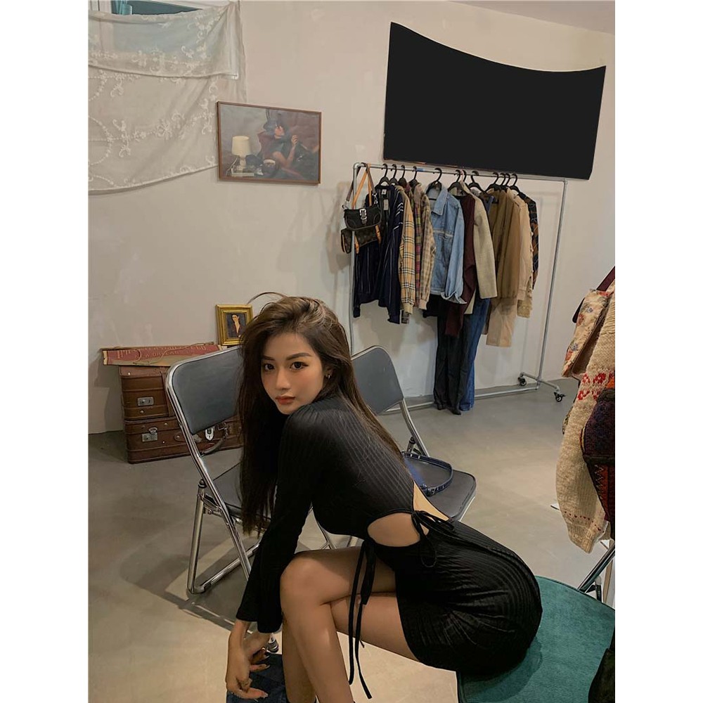 (HÀNG CÓ SẴN) Đầm body hở eo dây rút cổ cao | BigBuy360 - bigbuy360.vn