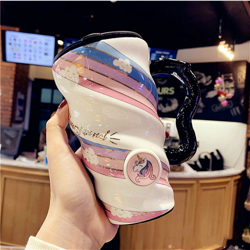 Cốc sứ văn phòng giữ nhiệt cao cấp 500ml, ly sứ uống nước Unicorn cute dễ thương có nắp đậy cỡ lớn HILLS STORE
