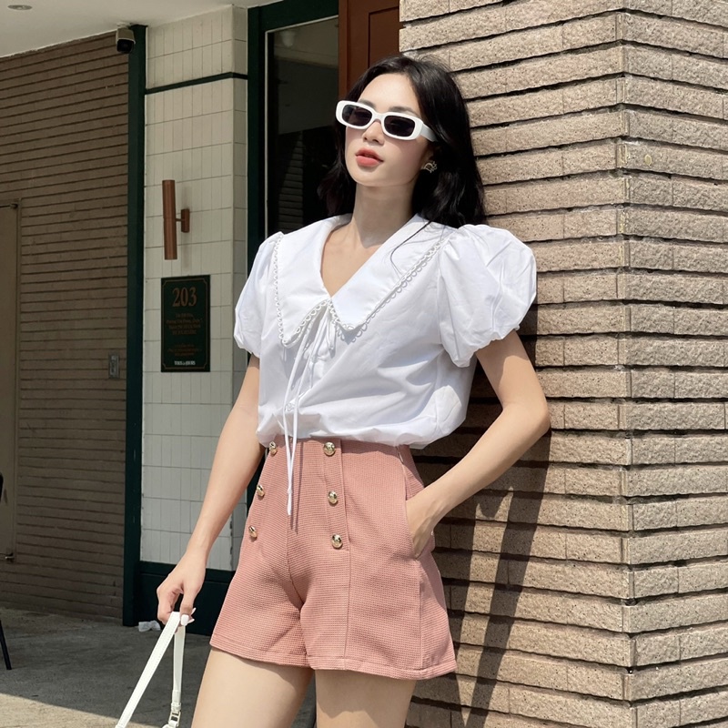 Áo sơmi cổ lá sen tay ngắn phồng trắng kate - Audrey Studio
