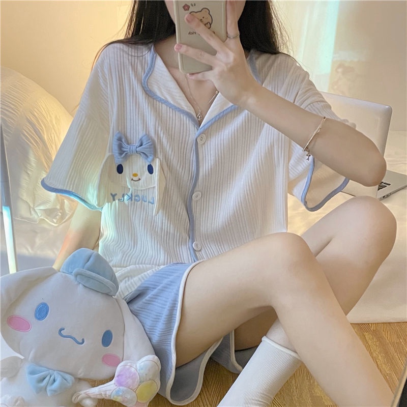 Bộ đồ ngủ áo tay ngắn phối quần đùi phong cách Hàn Quốc thời trang mùa hè cho nữ