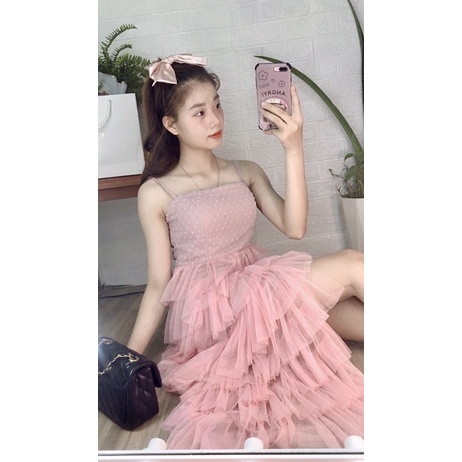 đầm công chúa xoè tầng - đầm Hồng cách điệu - đầm sự tiệc [ HÌNH THẬT MẪU RION SHOP ]