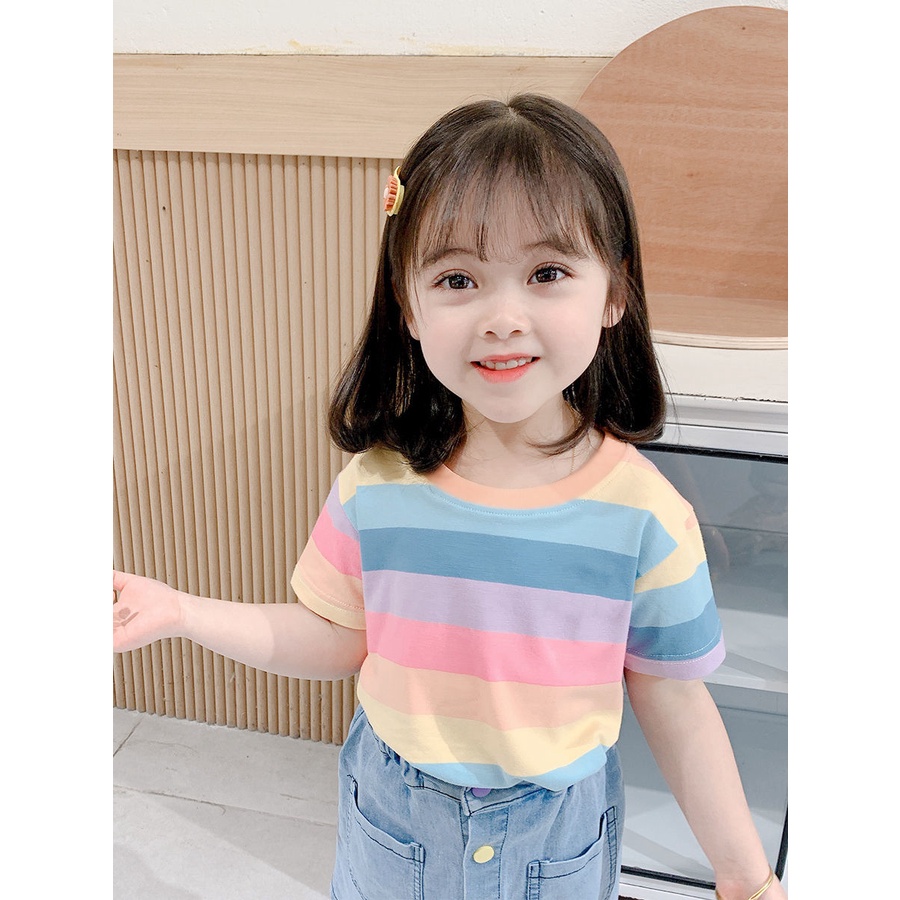 Áo Thun Tay Ngắn Họa Tiết Sọc Đỏ Cho Bé Gái 1-6 Tuổi