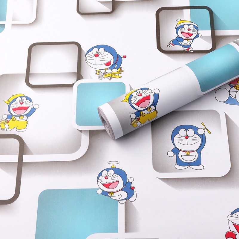 Giấy dán tường Doremon ô vuông xanh có keo sẵn khổ 45cm (giá 1m dài), giấy decal dán tường Doremon phòng ngủ cho bé | BigBuy360 - bigbuy360.vn