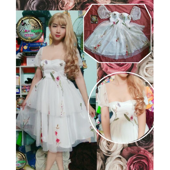 Đầm xoè cúp ngực màu trắng có tay, size S