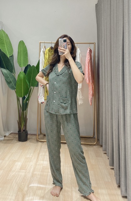 Bộ đồ ngủ , bộ pijama lá hoa xanh nhỏ