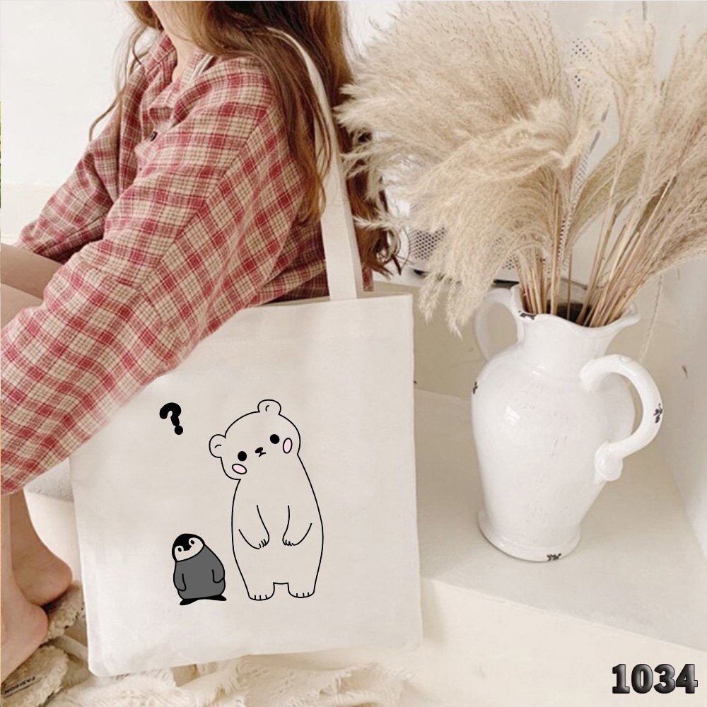 Túi Tote Trắng Chất Vải Canvas 507 1034 Gấu Và Chim Cánh Cụt Dễ Thương Hàng Chuẩn Đẹp - Hazo