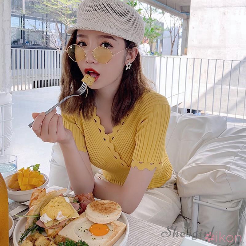 Women V Neck Solid Sexyshort Sleeve Knitted Slim T-Shirt | BigBuy360 - bigbuy360.vn