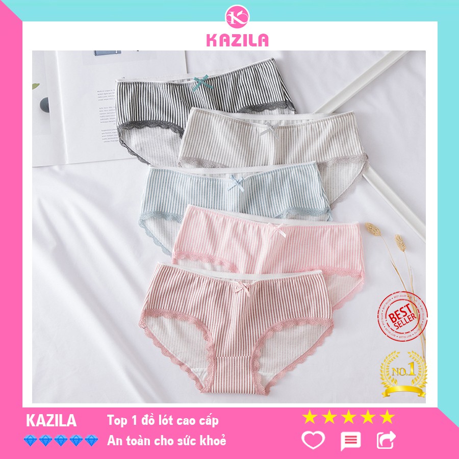 Quần lót nữ cotton cao cấp kẻ sọc ren đùi gắn nơ, quần xì nữ co giãn 4 chiều thoáng khí Kazila QLH6