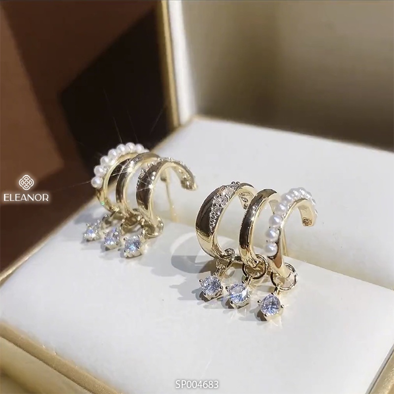 Bông tai nữ chuôi bạc 925 Eleanor Accessories đính đá ngọc trai nhân tạo phụ kiện trang sức dáng cong ba vòng