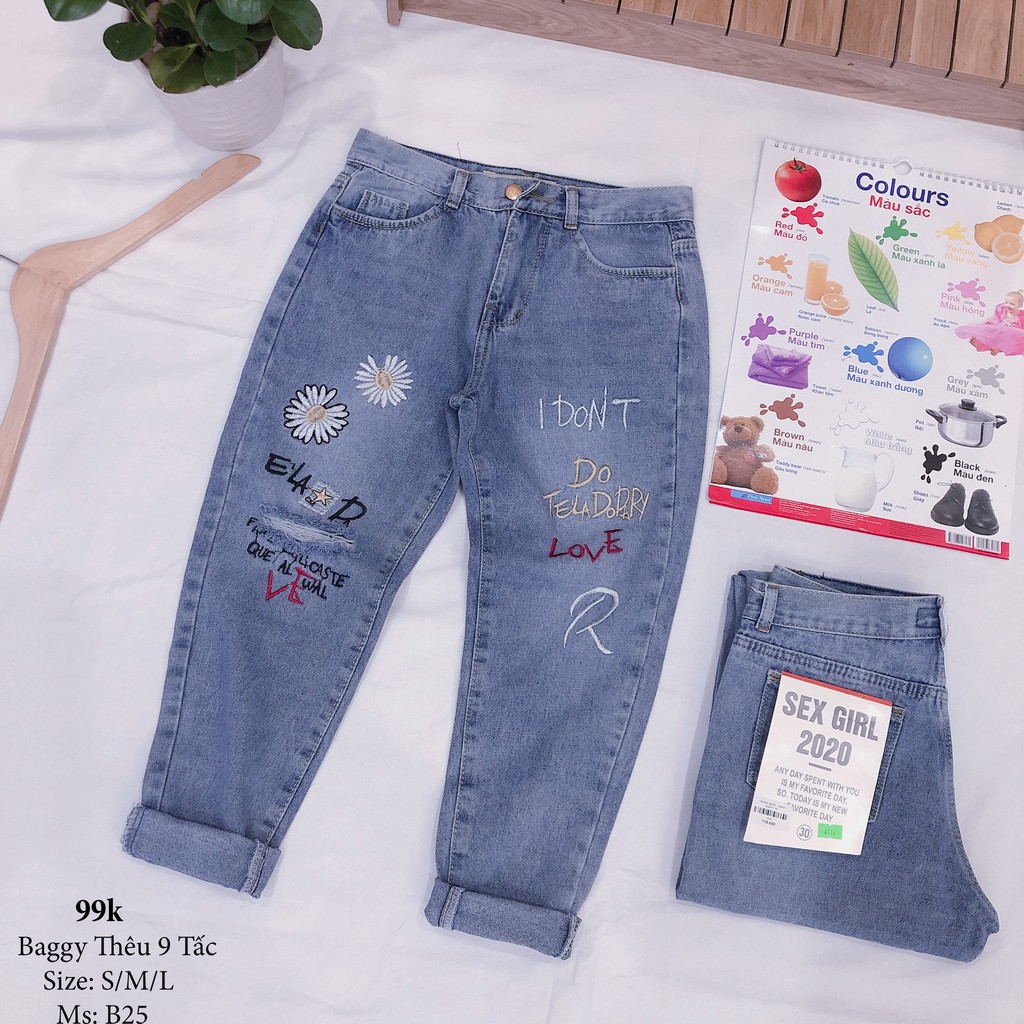 QUẦN 9 TẤC⚡Hình Thật⚡QUẦN 9 TẤC BAGGY JEANS ,LƯNG BẢN, THÊU, RÁCH GỐI