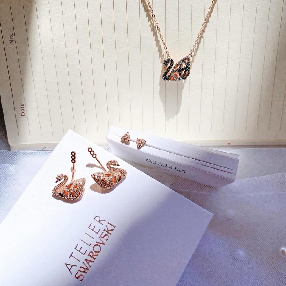 Khuyên tai nữ, trang sức swarovski thiên nga dáng lưới màu vàng hồng đeo 2 kiểu, tinh tế fullbox_thien_nga_viet_nam