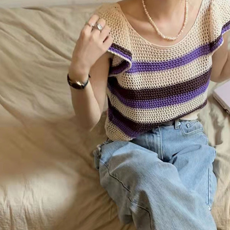 Áo Thun Croptop Dệt Kim Mỏng Tay Ngắn Dáng Rộng Họa Tiết Kẻ Sọc Thời Trang Mùa Hè Cho Nữ