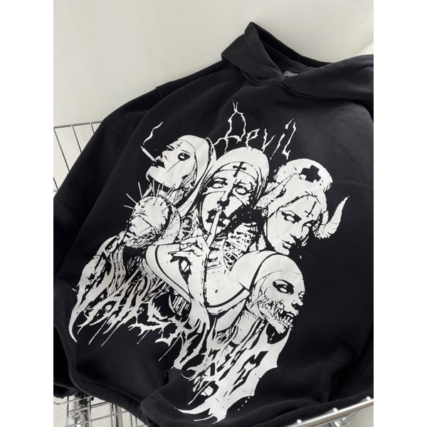 Áo khoác hoodie có nón vải nỉ bông cao cấp in họa tiết Vah_Nurse màu đen form rộng unisex nam nữ - SSSTore